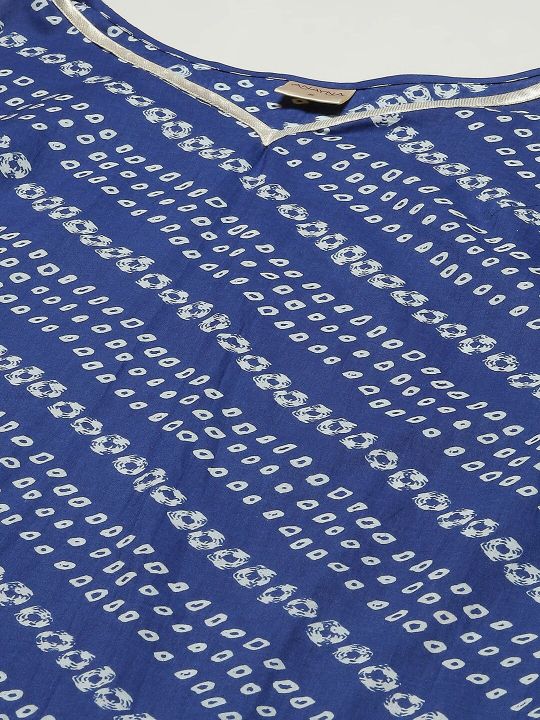 Women Navy Blue & White Bandhani Printed Pure Cotton Gotta Patti Kurta (anayna)