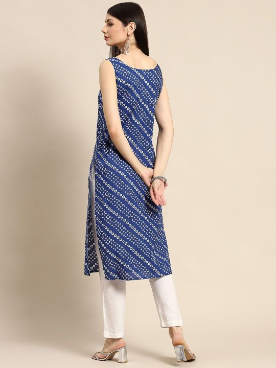 Women Navy Blue & White Bandhani Printed Pure Cotton Gotta Patti Kurta (anayna)
