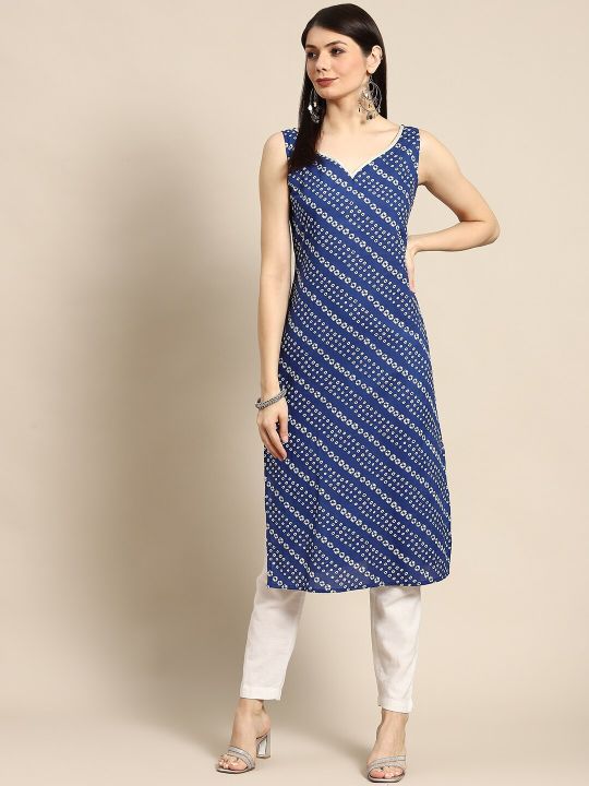 Women Navy Blue & White Bandhani Printed Pure Cotton Gotta Patti Kurta (anayna)