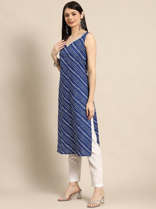 Women Navy Blue & White Bandhani Printed Pure Cotton Gotta Patti Kurta (anayna)