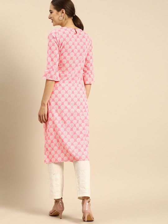 Women Pink & White Ethnic Motifs Printed Bell Sleeves Kurta (Anouk)