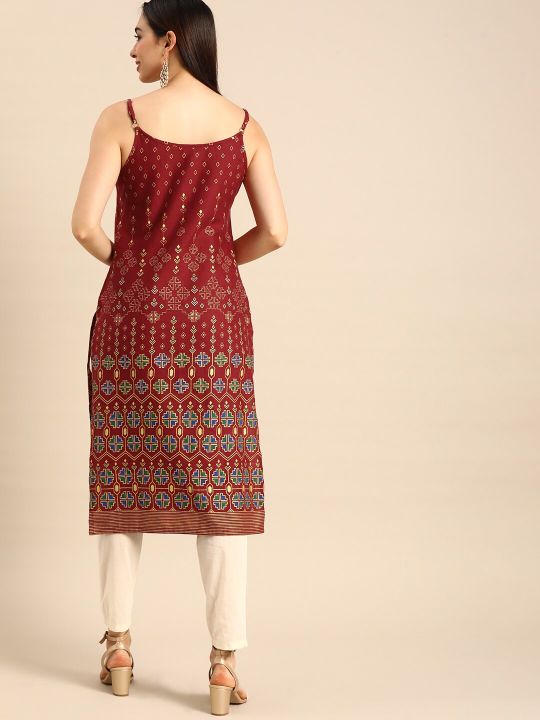 Women Red Floral Off-Shoulder Kurta (Anouk)