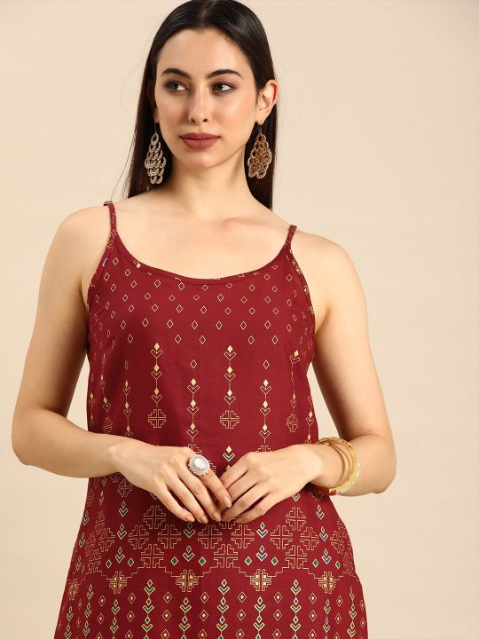 Women Red Floral Off-Shoulder Kurta (Anouk)