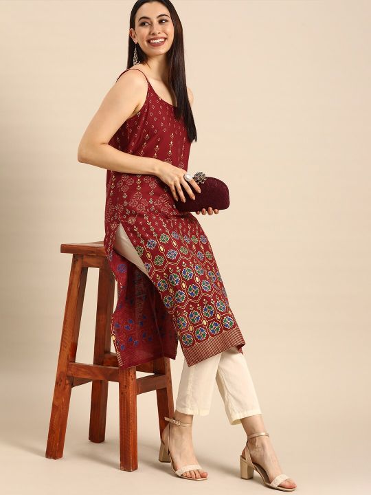 Women Red Floral Off-Shoulder Kurta (Anouk)