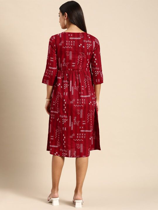 Women Red & WhiteGeometric Printed Pure Cotton Fit And Flare Midi Dress (Anouk)