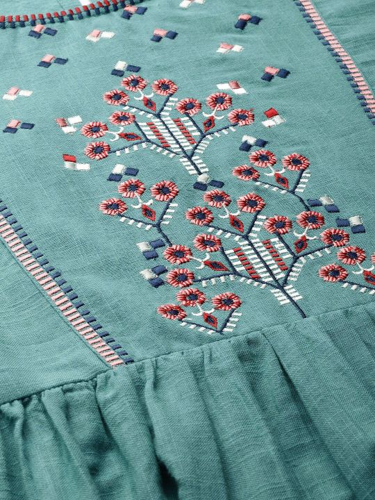 Women Sea Green Embroidered A-Line Kurta (Anouk)