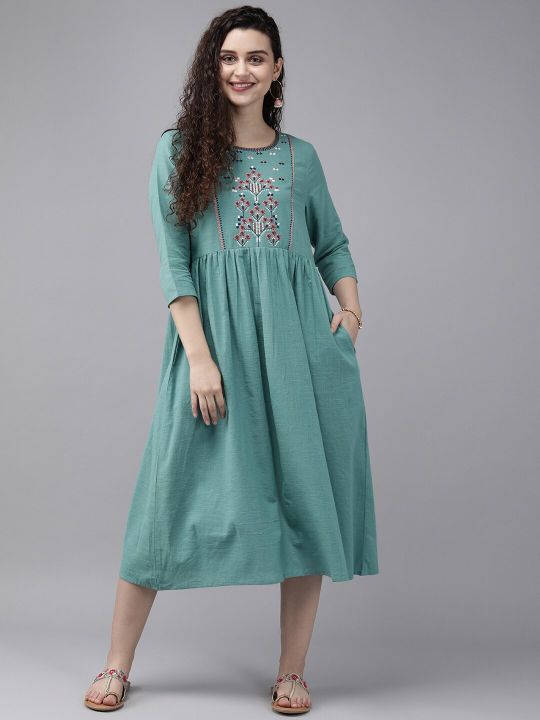 Women Sea Green Embroidered A-Line Kurta (Anouk)