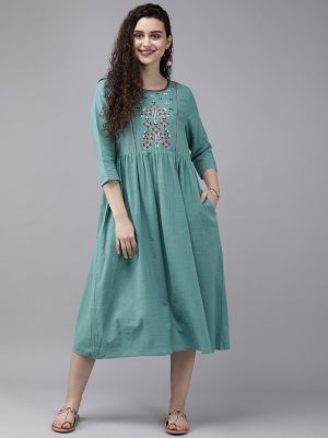 Women Sea Green Embroidered A-Line Kurta (Anouk)