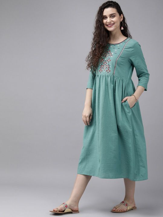 Women Sea Green Embroidered A-Line Kurta (Anouk)