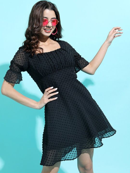 Women Stylish Black Self-Design Dress (Tokyo Talkies)