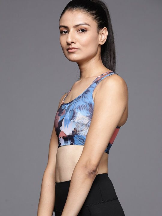 ADIDAS Blue & White Abstract Printed Powerreact Training Bra