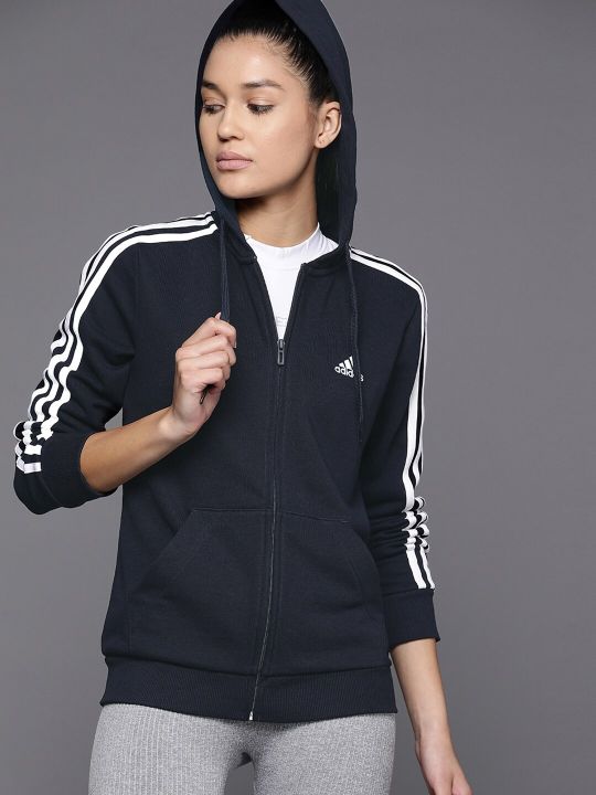 ADIDAS Navy Blue & White 3-Stripes FT FZ Hooded Sustainable Sweatshirt