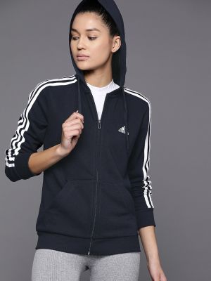 ADIDAS Navy Blue & White 3-Stripes FT FZ Hooded Sustainable Sweatshirt