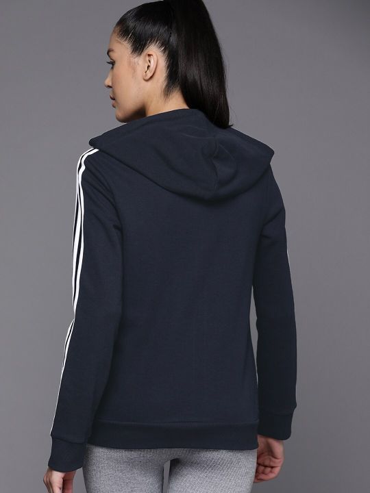 ADIDAS Navy Blue & White 3-Stripes FT FZ Hooded Sustainable Sweatshirt
