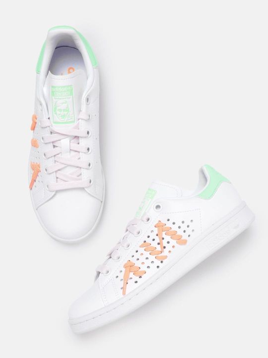 ADIDAS Originals Women White & Pink Perforations Stan Smith Sneakers