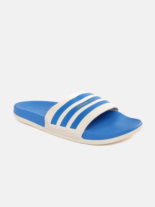 ADIDAS Unisex Off White & Blue Striped Adilette Comfort Sliders