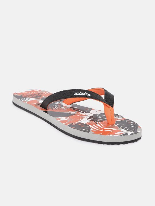 ADIDAS Women Black & Orange Tropical Printed Sliders