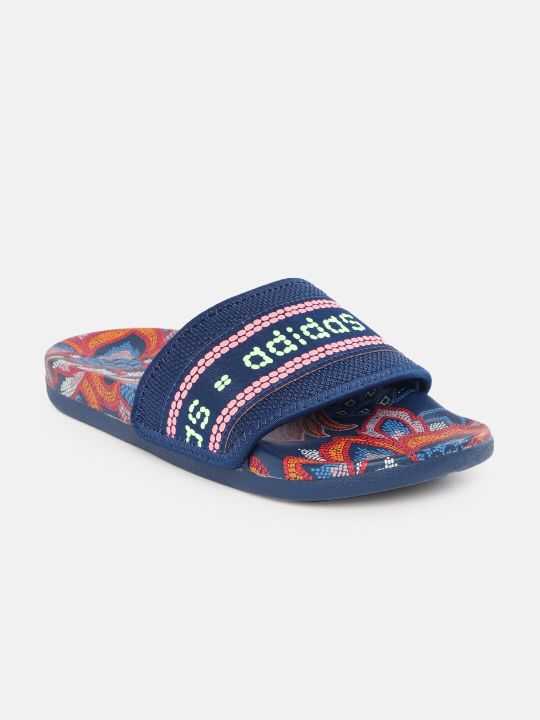 ADIDAS Women Blue & Green Brand Logo Printed Sliders