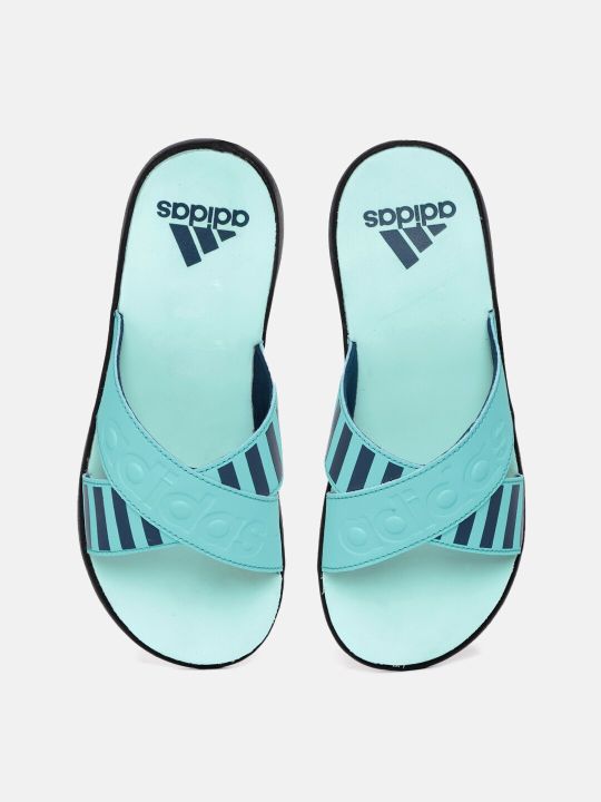 ADIDAS Women Blue Striped & Brand Logo Embossed Distincto Sliders