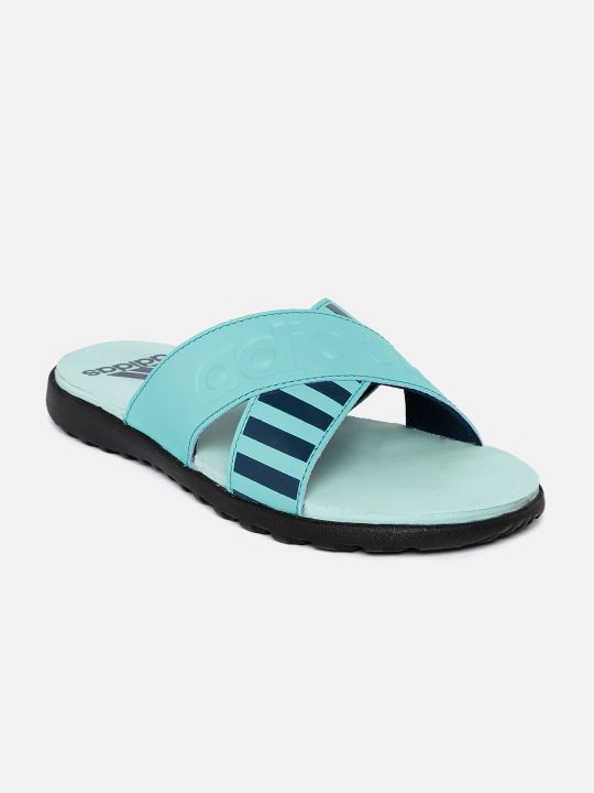 ADIDAS Women Blue Striped & Brand Logo Embossed Distincto Sliders