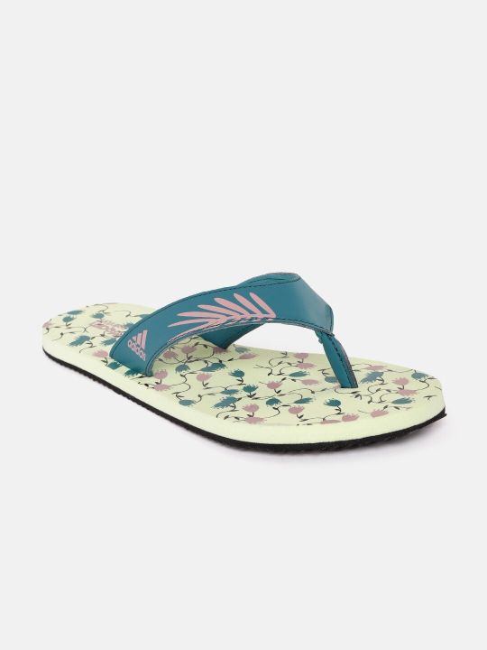 ADIDAS Women Green & Pink Leaf Print Thong Flip-Flops