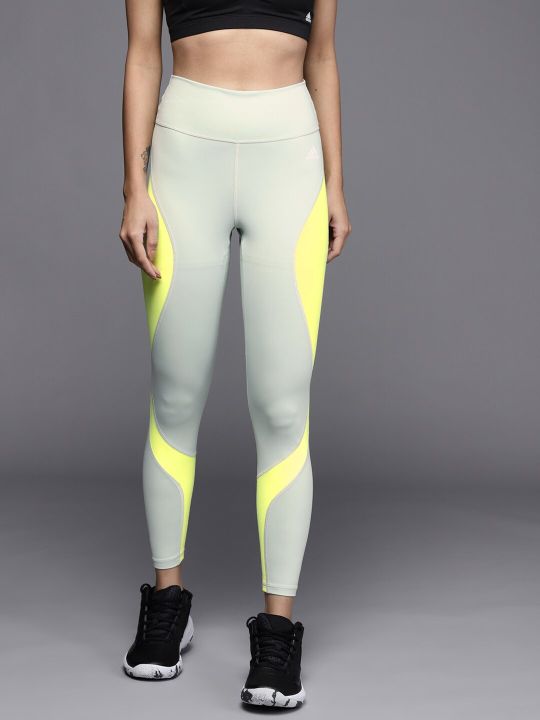 ADIDAS Women Green & Yellow Colourblocked HIIT Training Essentials 7/8 Tights