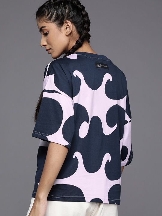 ADIDAS Women Lavender & Navy Blue Marimekko Pure Cotton T-shirt