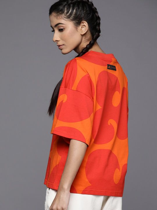 ADIDAS Women Orange & Red Printed Marimekko Pure Cotton T-shirt