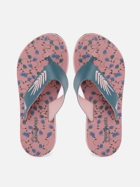 ADIDAS Women Teal Blue & Peach-Coloured Floral Printed Thong Flip-Flops