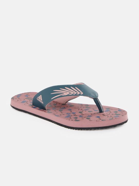 ADIDAS Women Teal Blue & Peach-Coloured Floral Printed Thong Flip-Flops