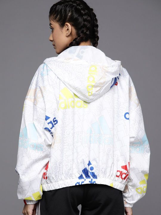 ADIDAS Women White Yellow Brand Logo Sporty Jacket