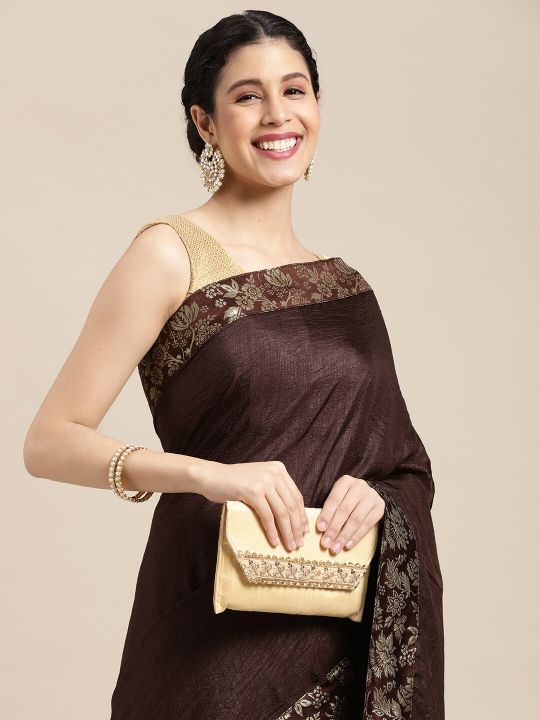 all about you Coffee Brown & Golden Silk Blend Saree