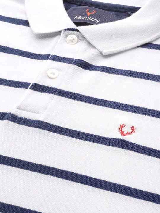 Allen Solly Men White & Navy Blue Striped Polo Collar T-shirt