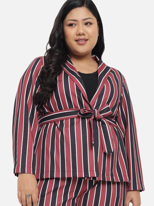 Amydus Plus Size Striped Single-Breasted Tailored-Fit Front-Open Blazer