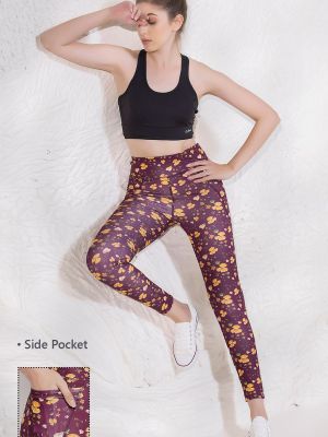 Ankle-Length High-Rise Active Floral Print Tights in Plum with Side Pocket