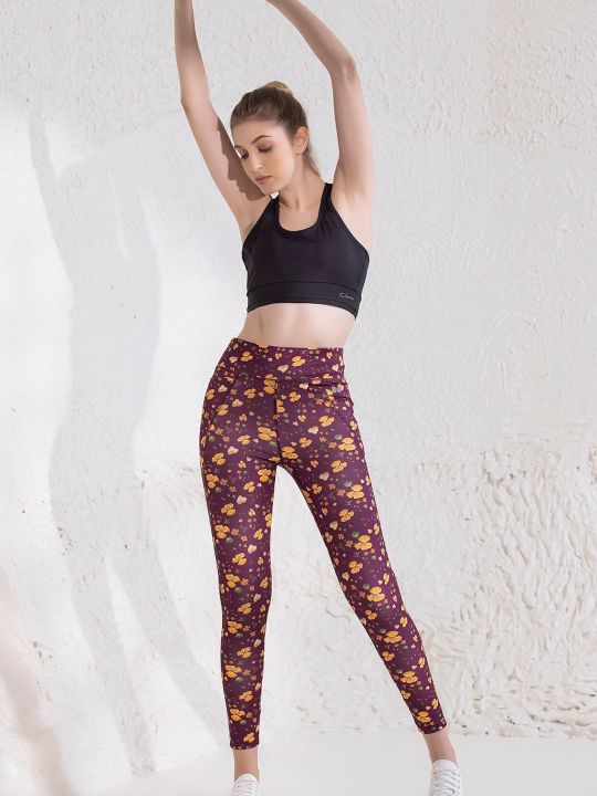 Ankle-Length High-Rise Active Floral Print Tights in Plum with Side Pocket
