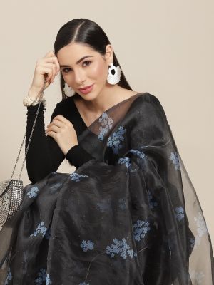 Anouk Black & Blue Floral Print Organza Saree