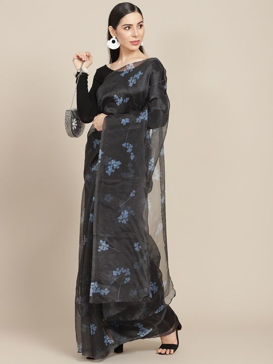 Anouk Black & Blue Floral Print Organza Saree