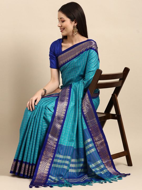Anouk Blue & Gold-Toned Woven Design Pure Silk Banarasi Saree