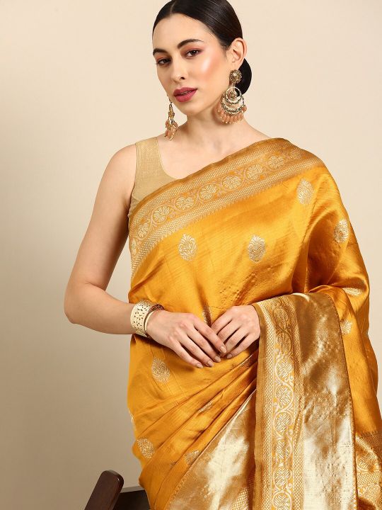 Anouk Mustard Woven Design Zari Silk Blend Banarasi Saree