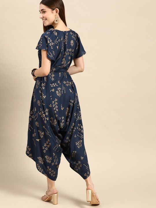 Anouk Navy Blue & Golden Ethnic Motifs Printed Basic Jumpsuit