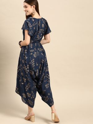 Anouk Navy Blue & Golden Ethnic Motifs Printed Basic Jumpsuit
