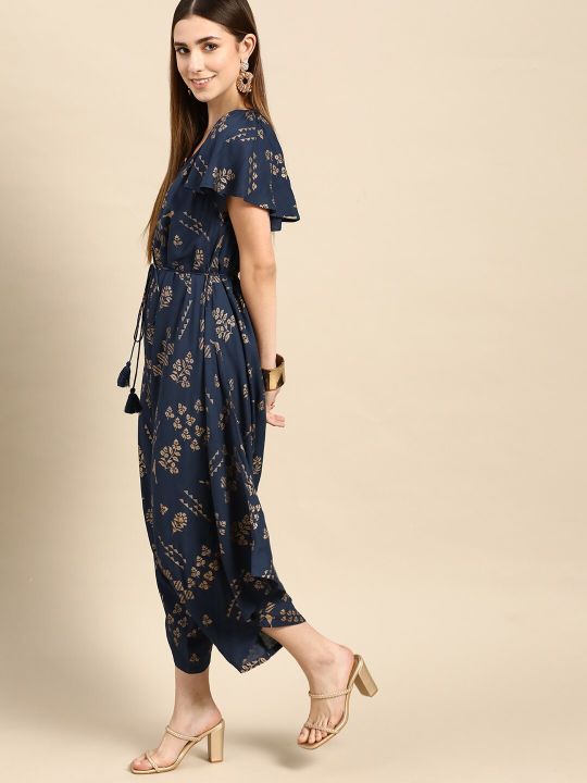 Anouk Navy Blue & Golden Ethnic Motifs Printed Basic Jumpsuit
