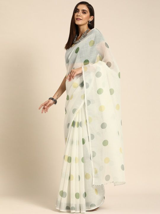 Anouk Off-White & Green Linen Blend Printed Bhagalpuri Saree