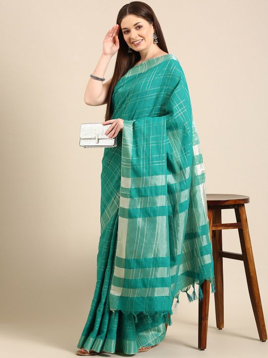 Anouk Sea Green Checked Pure Cotton Saree