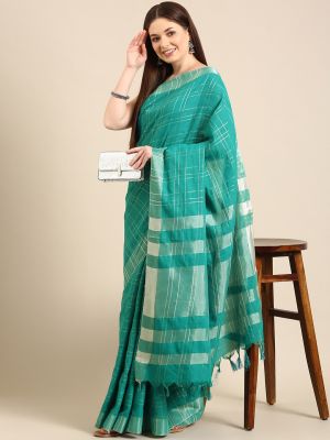 Anouk Sea Green Checked Pure Cotton Saree