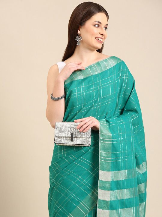 Anouk Sea Green Checked Pure Cotton Saree