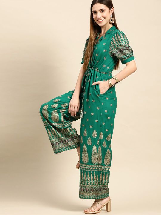 Anouk Women Green & Golden Ethnic Motifs Printed Basic Jumpsuit