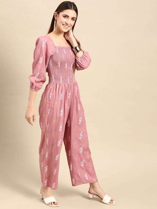 Anouk Women Mauve & White Floral Printed Smocked Basic Jumpsuit