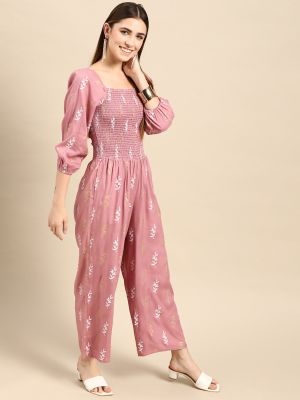 Anouk Women Mauve & White Floral Printed Smocked Basic Jumpsuit
